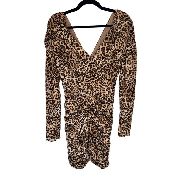 Nicholas Leopard Print Size 2 100% Silk Ruched Mini Dress V-Neck - Picture 8 of 16